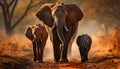 Large group of African elephants walking in the African savannah generated by AI Royalty Free Stock Photo