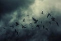 A large group of birds flying together through a cloudy sky, creating a dynamic and powerful visual display, Birds fleeing from an