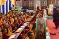 A large group of Buddhist monks hold a joint prayer in Kathmandu, Nepal