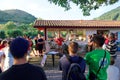 Campsite in the Pyrenees France. Briefing of day hikers/ Royalty Free Stock Photo