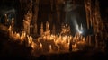 a large group of candles lit up in a dark cave with a light shining through the darkness in the middle of the room and on the Royalty Free Stock Photo