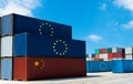 group of cargo containers with European Union flag and Chinese flag at the docks Royalty Free Stock Photo