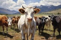 A large group of cattle stands on top of a grassy field, peacefully grazing outdoors in the open, cows in ranch or farm, AI Royalty Free Stock Photo