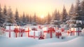 Large group of Christmas gifts with red ribbons on snow covered surface and snowfall.