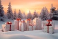 Large group of Christmas gifts with red ribbons on snow covered surface.