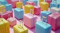 A large group of colorful luggage sitting on a pink background, AI