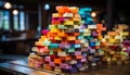 Large group of colorful papers stacked in a vibrant office generated by AI