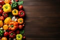 A large group of colorful peppers and onions on a wooden table, AI