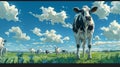 A large group of cows standing in a field with clouds behind them, AI Royalty Free Stock Photo