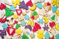 Large group of delicious, homemade Christmas honey cookies with fondant in many different shapes and colors Royalty Free Stock Photo