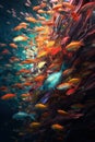 A large group of fish swimming in the ocean. Generative AI image. Royalty Free Stock Photo