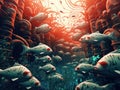 A large group of fish swimming in the ocean. Generative AI image. Royalty Free Stock Photo