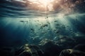 a large group of fish swimming in the ocean near the rocks and rocks under the water\'s surface, with Royalty Free Stock Photo