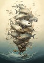 A large group of fishes floating in the water. AI generated fish illustration Underwater illustration of a group of fish