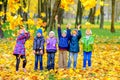 A large group of friends playing and having fun in a beautiful autumn park Royalty Free Stock Photo