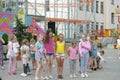 A large group of happy fun sports kids jumping, sports and dancing. Childhood, freedom, happiness, the concept of an active Royalty Free Stock Photo