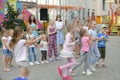 A large group of happy fun sports kids jumping, sports and dancing. Childhood, freedom, happiness, the concept of an active Royalty Free Stock Photo