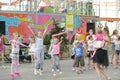 A large group of happy fun sports kids jumping, sports and dancing. Childhood, freedom, happiness, the concept of an active Royalty Free Stock Photo