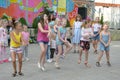 A large group of happy fun sports kids jumping, sports and dancing. Childhood, freedom, happiness, the concept of an active Royalty Free Stock Photo