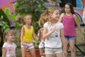 A large group of happy fun sports kids jumping, sports and dancing. Childhood, freedom, happiness, the concept of an active Royalty Free Stock Photo