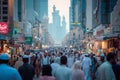 A large group of individuals walking down a busy street lined with towering buildings, A busy city square during Eid festivities, Royalty Free Stock Photo