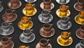 Large group of metallic coffee cups, 3d illustration