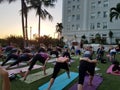 Large group of People do Humble Warrior yoga pose at Vino and Vinyasa