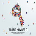 Large group of people form to create the number 9 or Nine in Arabic. People font or Number.