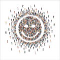 Large group of people forming human smile shape symbol, flat vector illustration. Joy and happiness symbol.