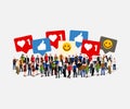 Large group of people with like, thumb, heart, signs. Social network concept. Royalty Free Stock Photo