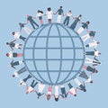 large group of people. Men and women are holding hands, stand around the globe. Multicultural group of people Royalty Free Stock Photo