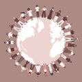large group of people. Men and women are holding hands, stand around the world map. Multicultural group of people Royalty Free Stock Photo