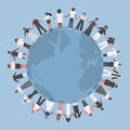 large group of people. Men and women are holding hands, stand around the world map. Multicultural group of people Royalty Free Stock Photo