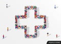 Large group of people seen from above gathered together in the shape of medicine cross symbol. Medical care concept.