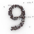 Large group of people seen from above gathered together in the shape of number nine. 9. 3d rendering