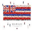 A large group of people are standing in blue, white and red robes, symbolizing the flag of Hawaii
