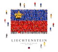 A large group of people are standing in blue, yellow, black and red robes, symbolizing the flag of Liechtenstein