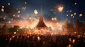 a large group of people standing in front of a building, thai temple, fireworks, warm glow from the lights