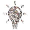 Large group of people standing together in the shape of lightbulb, flat vector illustration. Innovation, new global idea