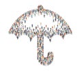 Large group of people standing together in the shape of umbrella, flat vector illustration. Social insurance concept.