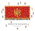 A large group of people are standing in yellow and red robes, symbolizing the flag of Montenegro