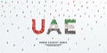 A large group of people stands, making up the word United Arab Emirates. United Arab Emirates flag made from people crowd. Vector