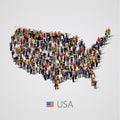 Large group of people in United States of America or USA map with infographics elements. Royalty Free Stock Photo