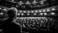 Large group of people watching a black and white theatrical scene generated by AI