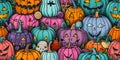 A large group of pumpkins with different faces on them Royalty Free Stock Photo
