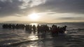 large group of refugees walking from the sea to the shore at sunset or sunrise, neural network generated image