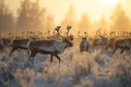 A large group of reindeer moving together as they walk across a field covered in snow, A herd of reindeer in a shimmering, snowy Royalty Free Stock Photo