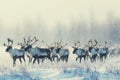 A large group of reindeer walking across a field covered in a layer of snow, A herd of reindeer in a shimmering, snowy field, AI Royalty Free Stock Photo