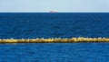 A large group of sea gulls sits on a concrete breakwater against Royalty Free Stock Photo