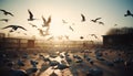 Large group of seagulls flying over the sunset sky generated by AI Royalty Free Stock Photo